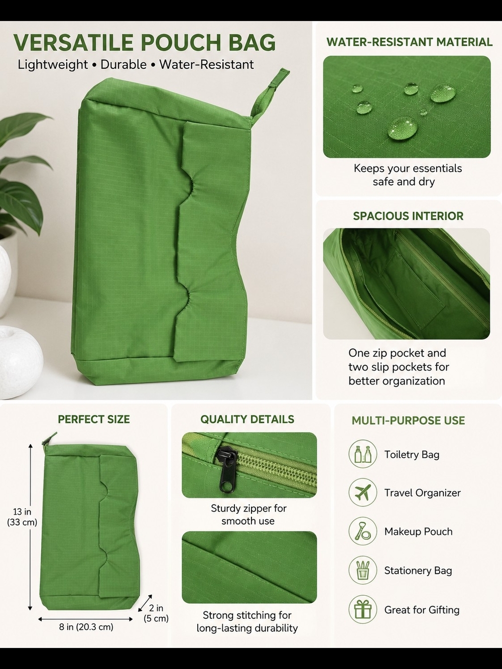 Versatile Green Water-Resistant Pouch Bag